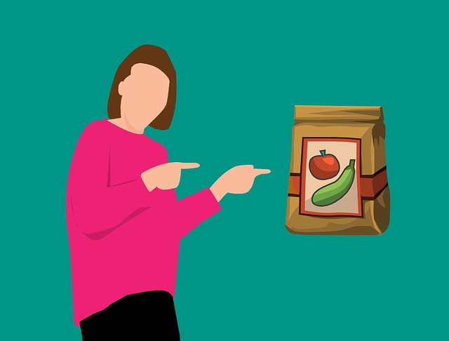A vector image of a woman pointing to a brown custom paper bag with prints.