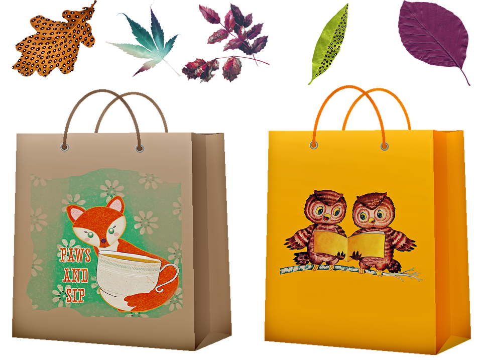 Two grocery bags with handles and with designs.