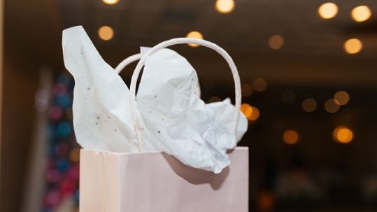 One light pink paper bag with handles and with a soft paper placed inside.